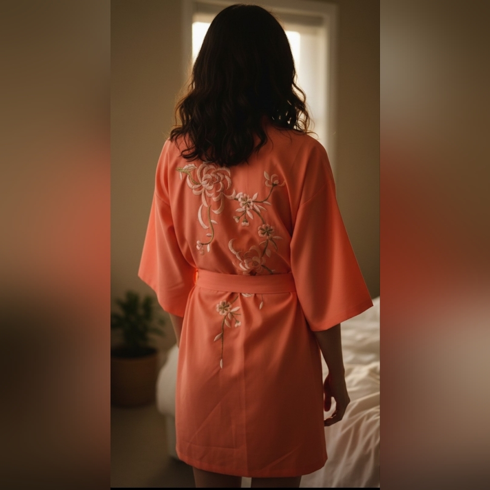 Vintage Made in Japan Coral Embroidered Floral Kimono Happi Coat Size OS.